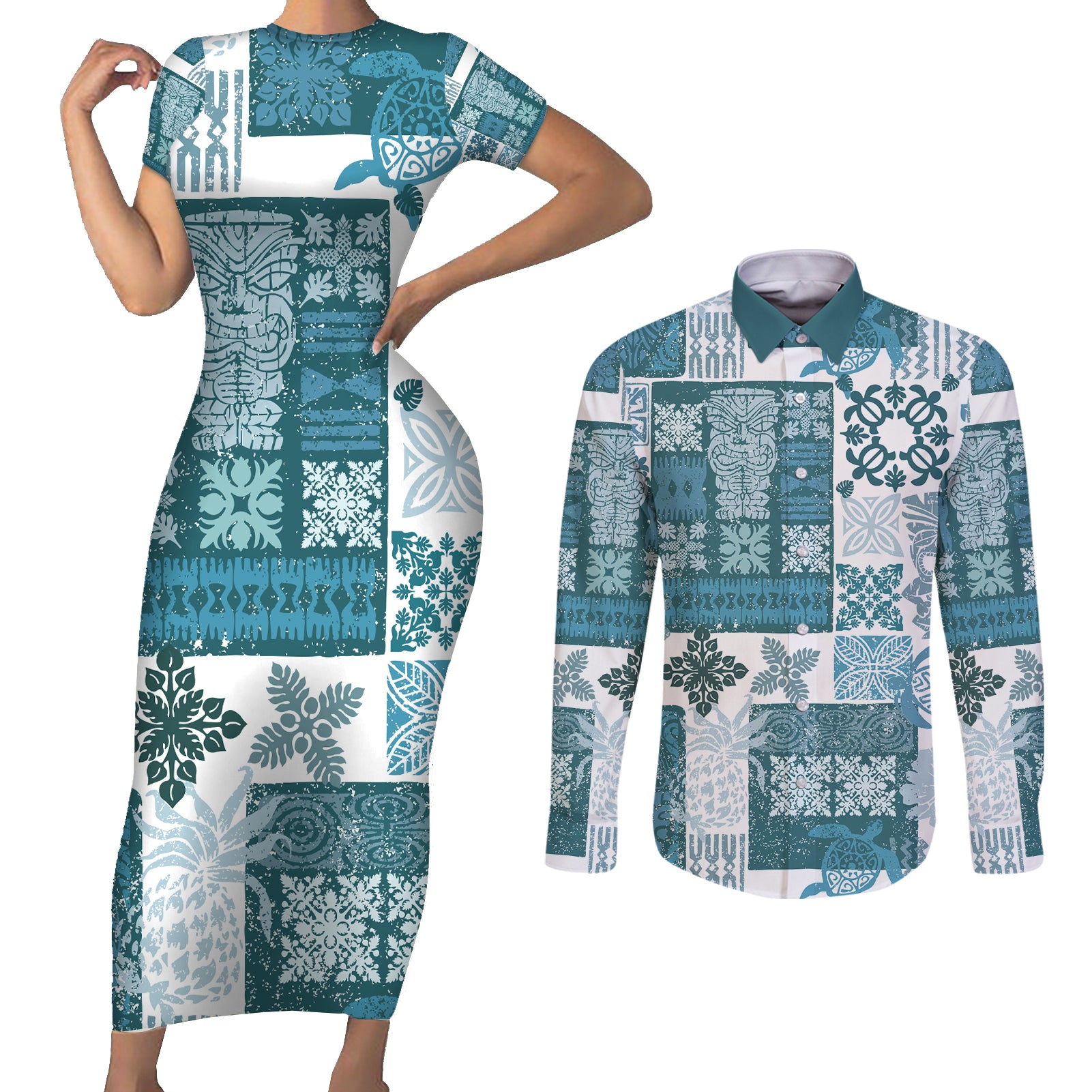 Hawaiian Quilt Couples Matching Short Sleeve Bodycon Dress and Long Sleeve Button Shirt Tiki Tropical Retro Dark Cyan Version - Wonder Print Shop