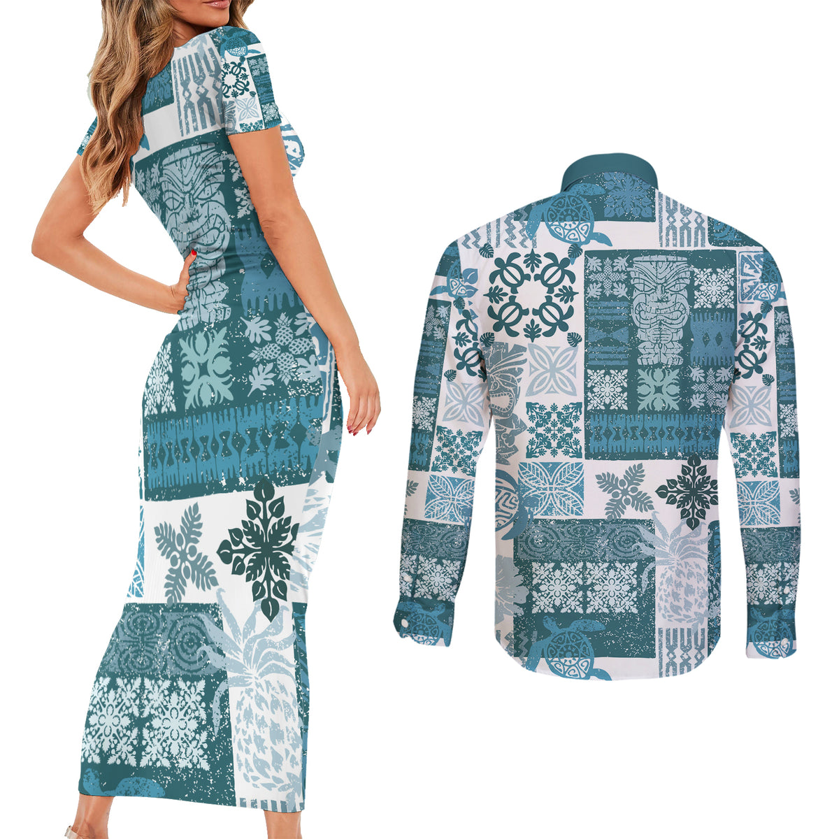Hawaiian Quilt Couples Matching Short Sleeve Bodycon Dress and Long Sleeve Button Shirt Tiki Tropical Retro Dark Cyan Version - Wonder Print Shop