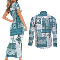 Hawaiian Quilt Couples Matching Short Sleeve Bodycon Dress and Long Sleeve Button Shirt Tiki Tropical Retro Dark Cyan Version - Wonder Print Shop