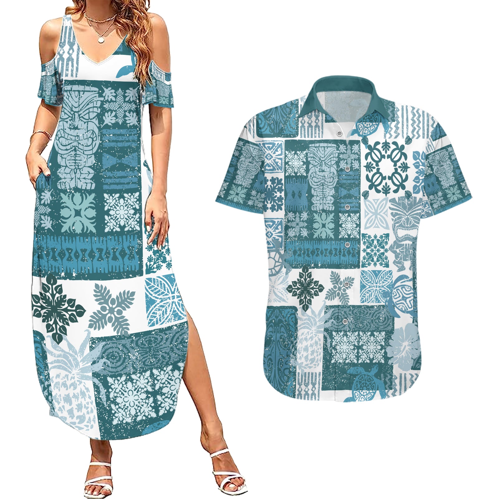 Hawaiian Quilt Couples Matching Summer Maxi Dress and Hawaiian Shirt Tiki Tropical Retro Dark Cyan Version - Wonder Print Shop
