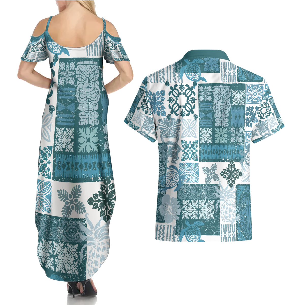 Hawaiian Quilt Couples Matching Summer Maxi Dress and Hawaiian Shirt Tiki Tropical Retro Dark Cyan Version - Wonder Print Shop