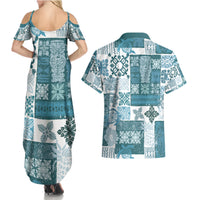 Hawaiian Quilt Couples Matching Summer Maxi Dress and Hawaiian Shirt Tiki Tropical Retro Dark Cyan Version - Wonder Print Shop
