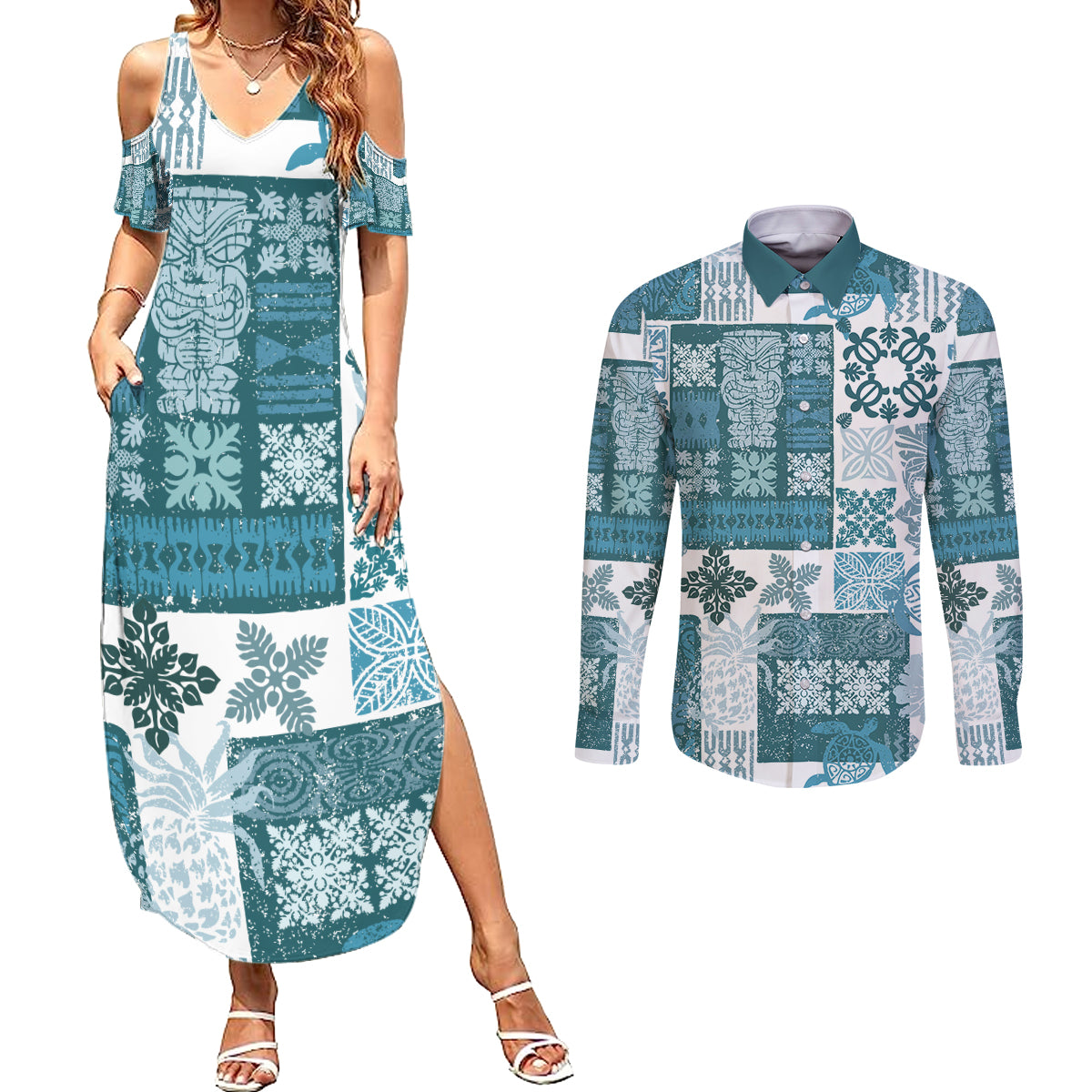 Hawaiian Quilt Couples Matching Summer Maxi Dress and Long Sleeve Button Shirt Tiki Tropical Retro Dark Cyan Version - Wonder Print Shop