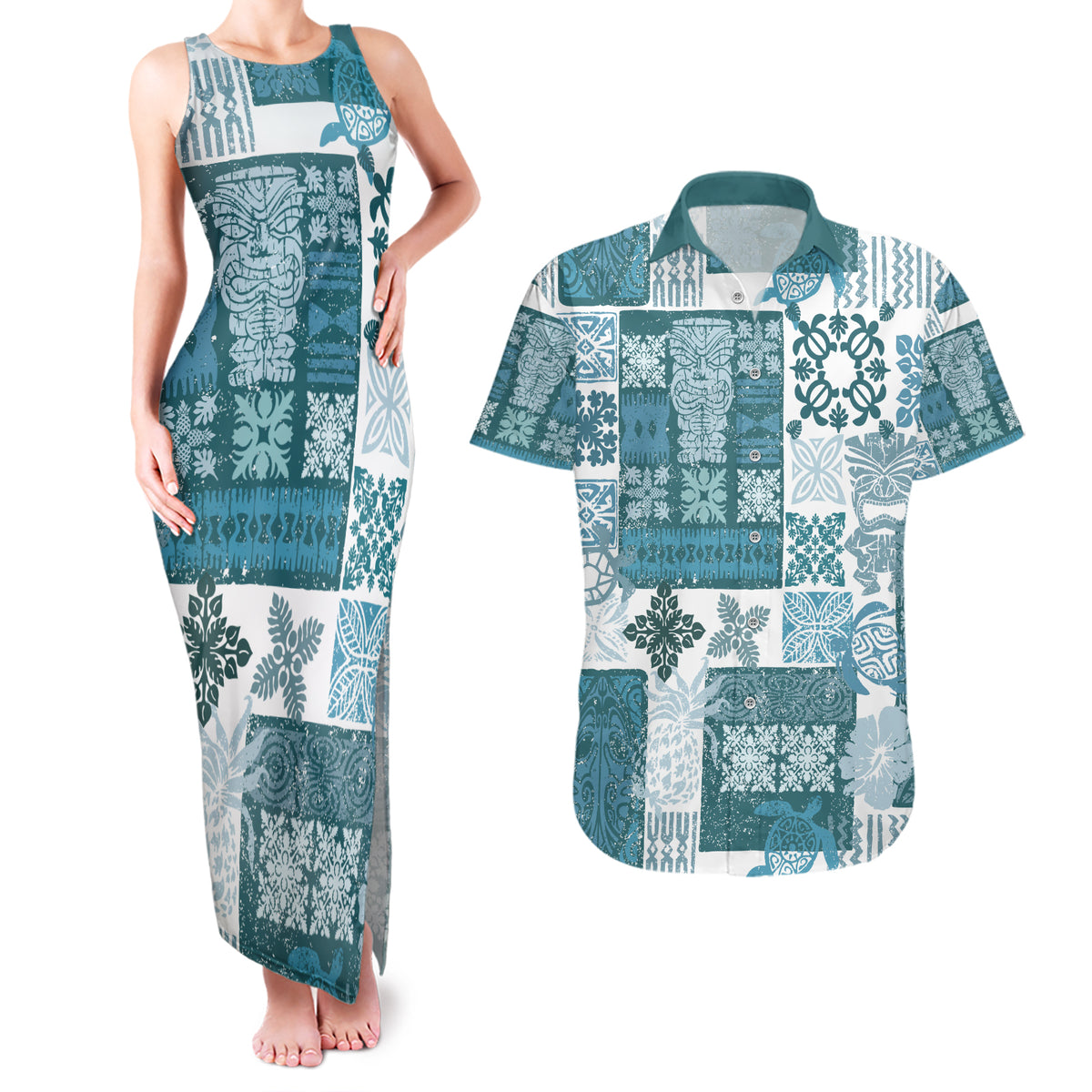 Hawaiian Quilt Couples Matching Tank Maxi Dress and Hawaiian Shirt Tiki Tropical Retro Dark Cyan Version - Wonder Print Shop
