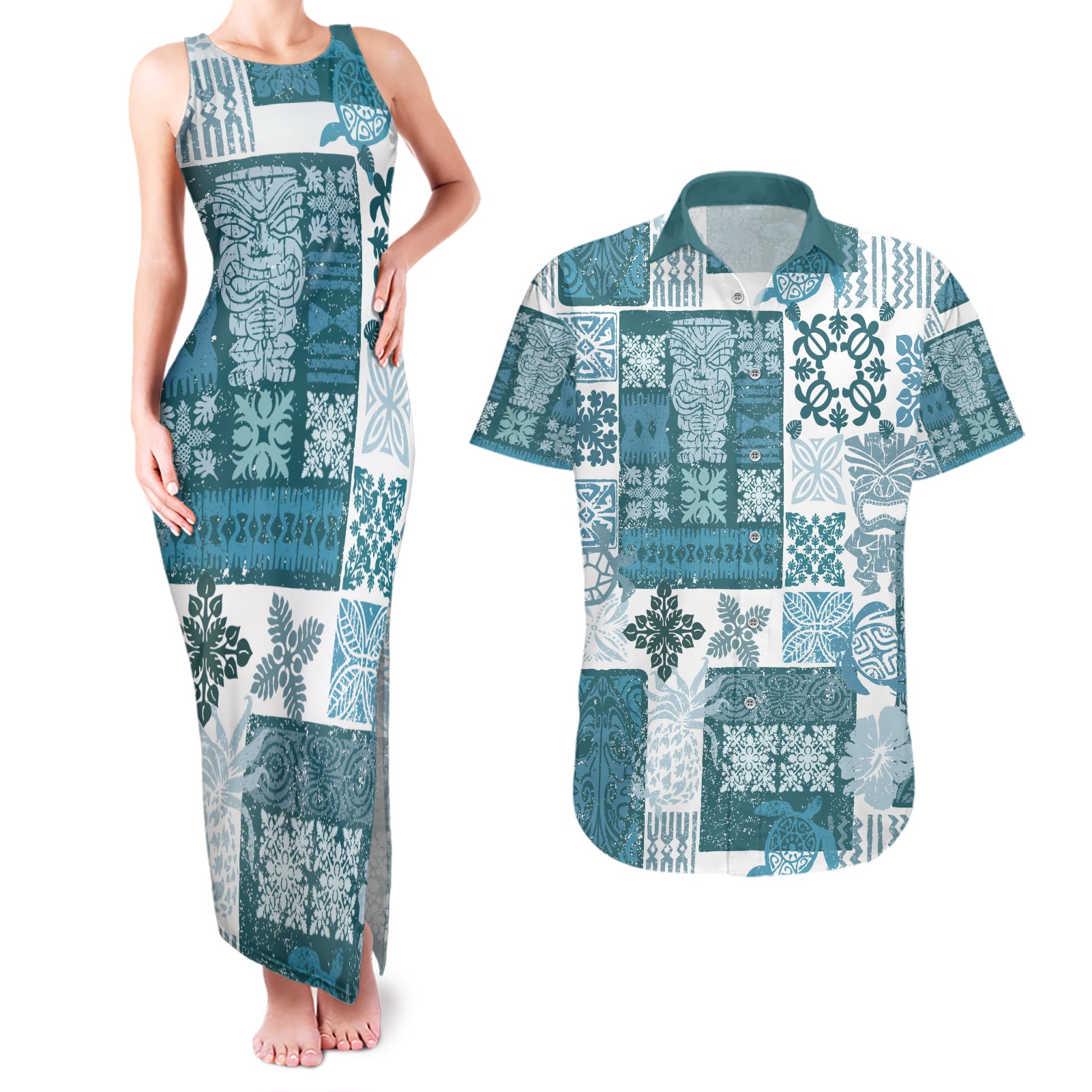 Hawaiian Quilt Couples Matching Tank Maxi Dress and Hawaiian Shirt Tiki Tropical Retro Dark Cyan Version - Wonder Print Shop