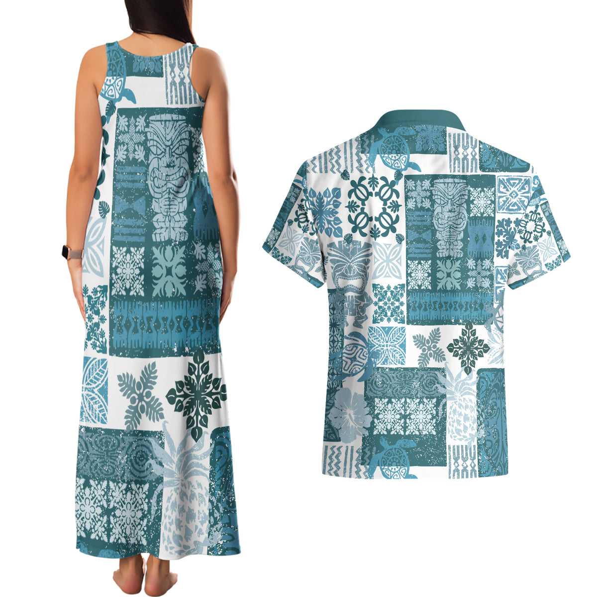 Hawaiian Quilt Couples Matching Tank Maxi Dress and Hawaiian Shirt Tiki Tropical Retro Dark Cyan Version - Wonder Print Shop