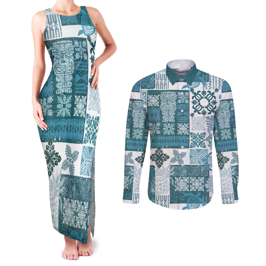 Hawaiian Quilt Couples Matching Tank Maxi Dress and Long Sleeve Button Shirt Tiki Tropical Retro Dark Cyan Version - Wonder Print Shop