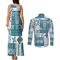 Hawaiian Quilt Couples Matching Tank Maxi Dress and Long Sleeve Button Shirt Tiki Tropical Retro Dark Cyan Version - Wonder Print Shop