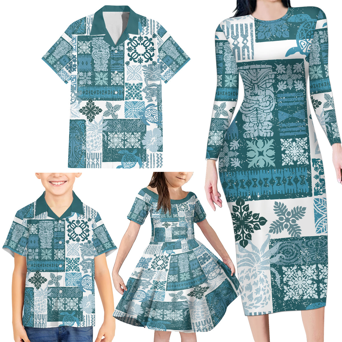 Hawaiian Quilt Family Matching Long Sleeve Bodycon Dress and Hawaiian Shirt Tiki Tropical Retro Dark Cyan Version - Wonder Print Shop