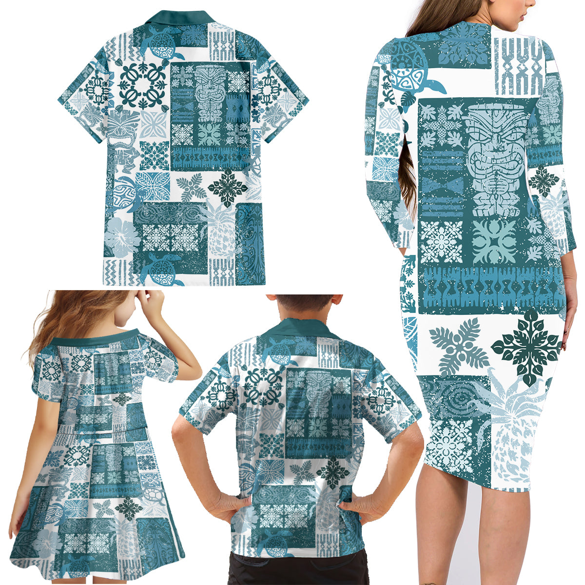 Hawaiian Quilt Family Matching Long Sleeve Bodycon Dress and Hawaiian Shirt Tiki Tropical Retro Dark Cyan Version - Wonder Print Shop