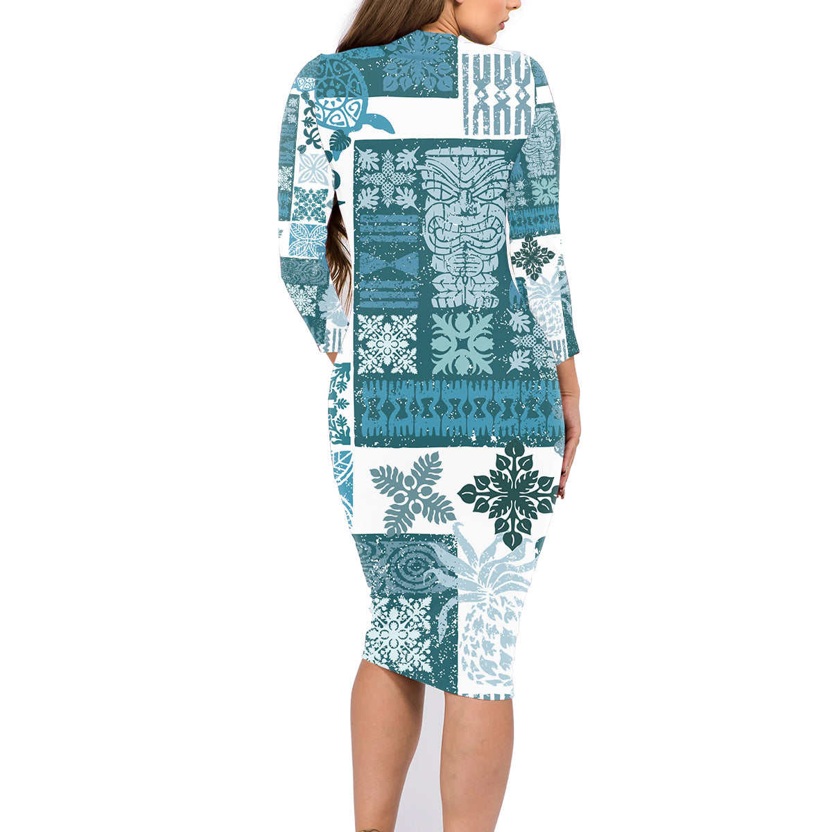 Hawaiian Quilt Family Matching Long Sleeve Bodycon Dress and Hawaiian Shirt Tiki Tropical Retro Dark Cyan Version - Wonder Print Shop