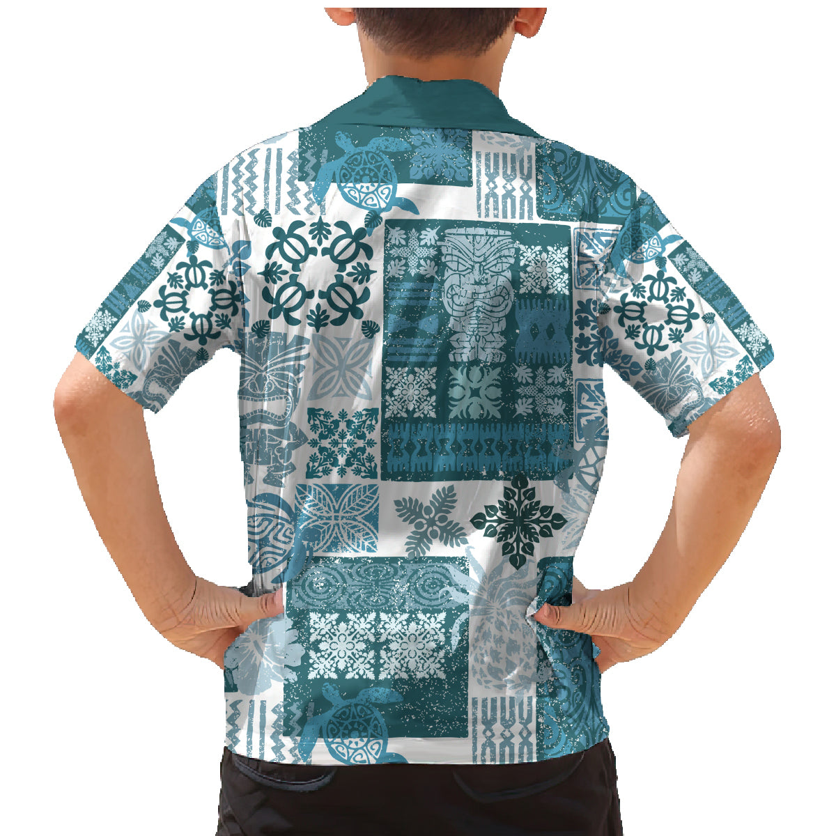 Hawaiian Quilt Family Matching Mermaid Dress and Hawaiian Shirt Tiki Tropical Retro Dark Cyan Version - Wonder Print Shop