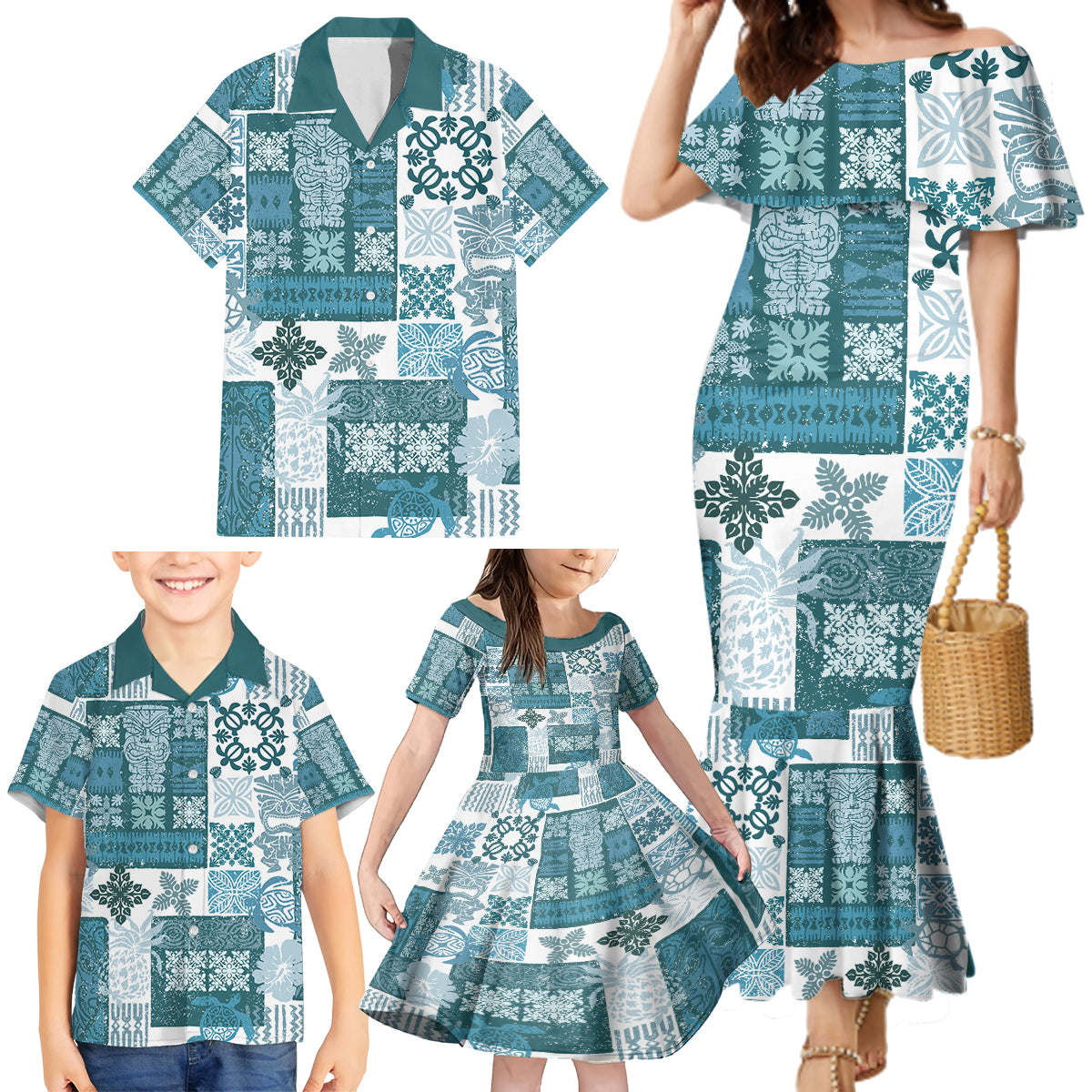 Hawaiian Quilt Family Matching Mermaid Dress and Hawaiian Shirt Tiki Tropical Retro Dark Cyan Version - Wonder Print Shop