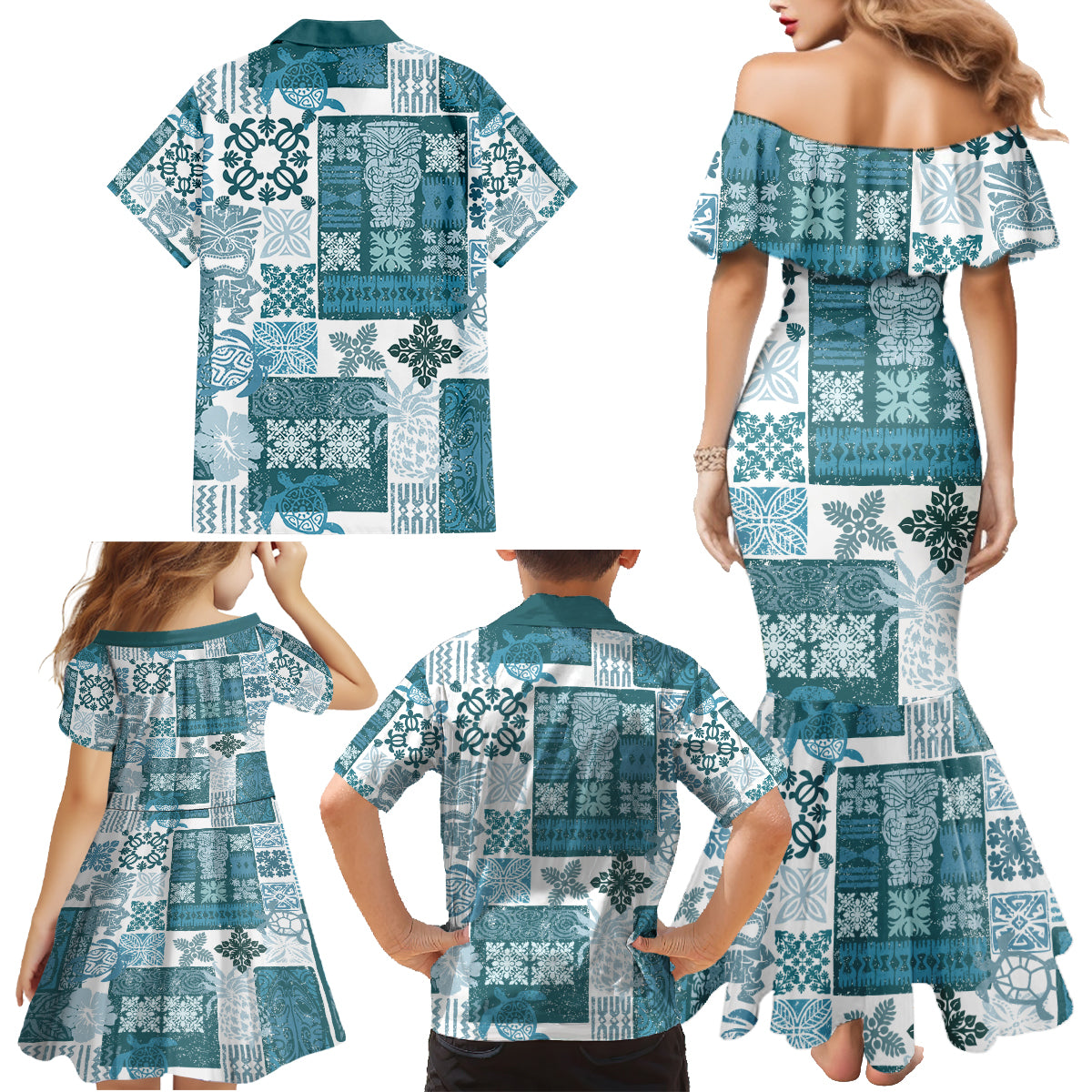 Hawaiian Quilt Family Matching Mermaid Dress and Hawaiian Shirt Tiki Tropical Retro Dark Cyan Version - Wonder Print Shop