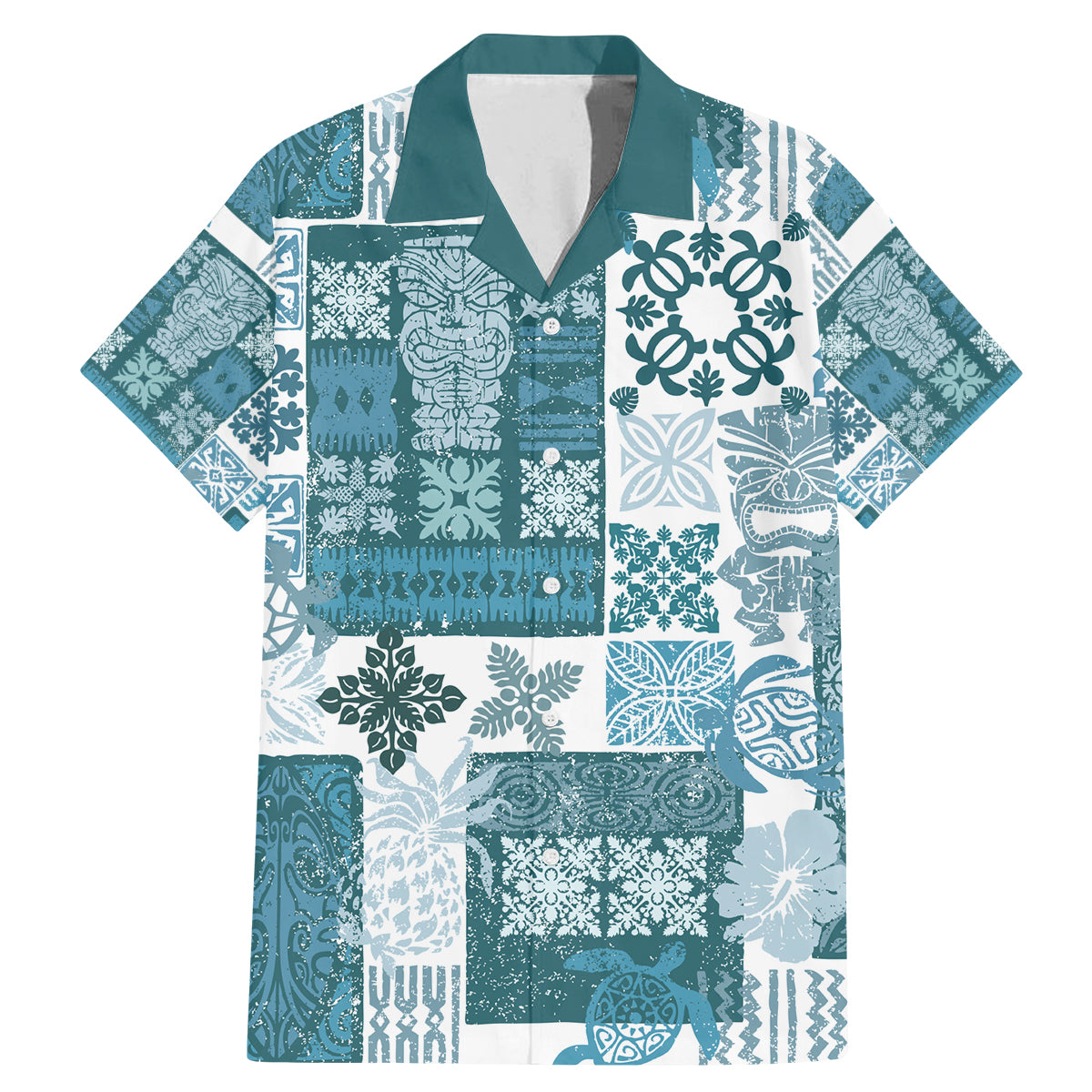 Hawaiian Quilt Family Matching Mermaid Dress and Hawaiian Shirt Tiki Tropical Retro Dark Cyan Version - Wonder Print Shop