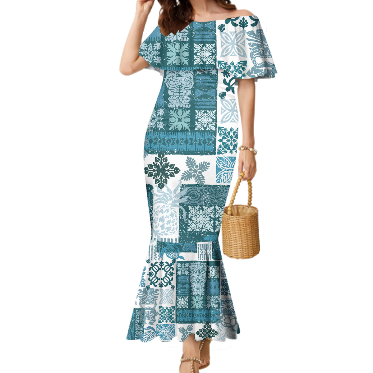 Hawaiian Quilt Family Matching Mermaid Dress and Hawaiian Shirt Tiki Tropical Retro Dark Cyan Version - Wonder Print Shop