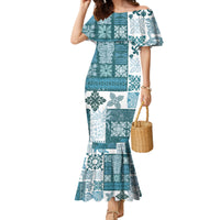 Hawaiian Quilt Family Matching Mermaid Dress and Hawaiian Shirt Tiki Tropical Retro Dark Cyan Version - Wonder Print Shop