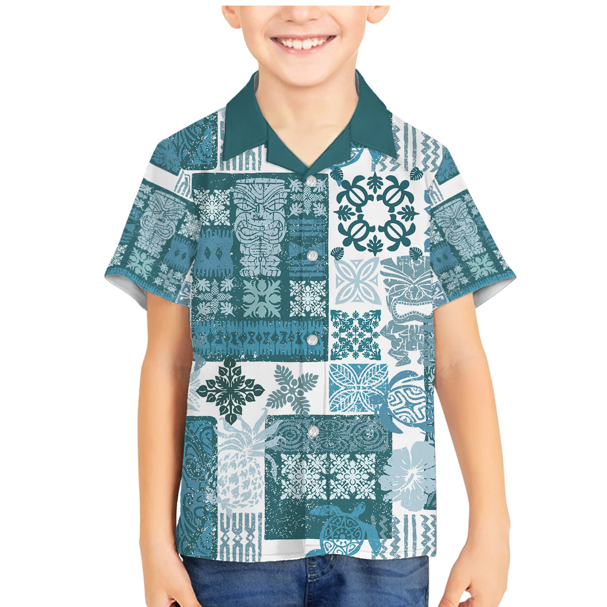Hawaiian Quilt Family Matching Mermaid Dress and Hawaiian Shirt Tiki Tropical Retro Dark Cyan Version - Wonder Print Shop