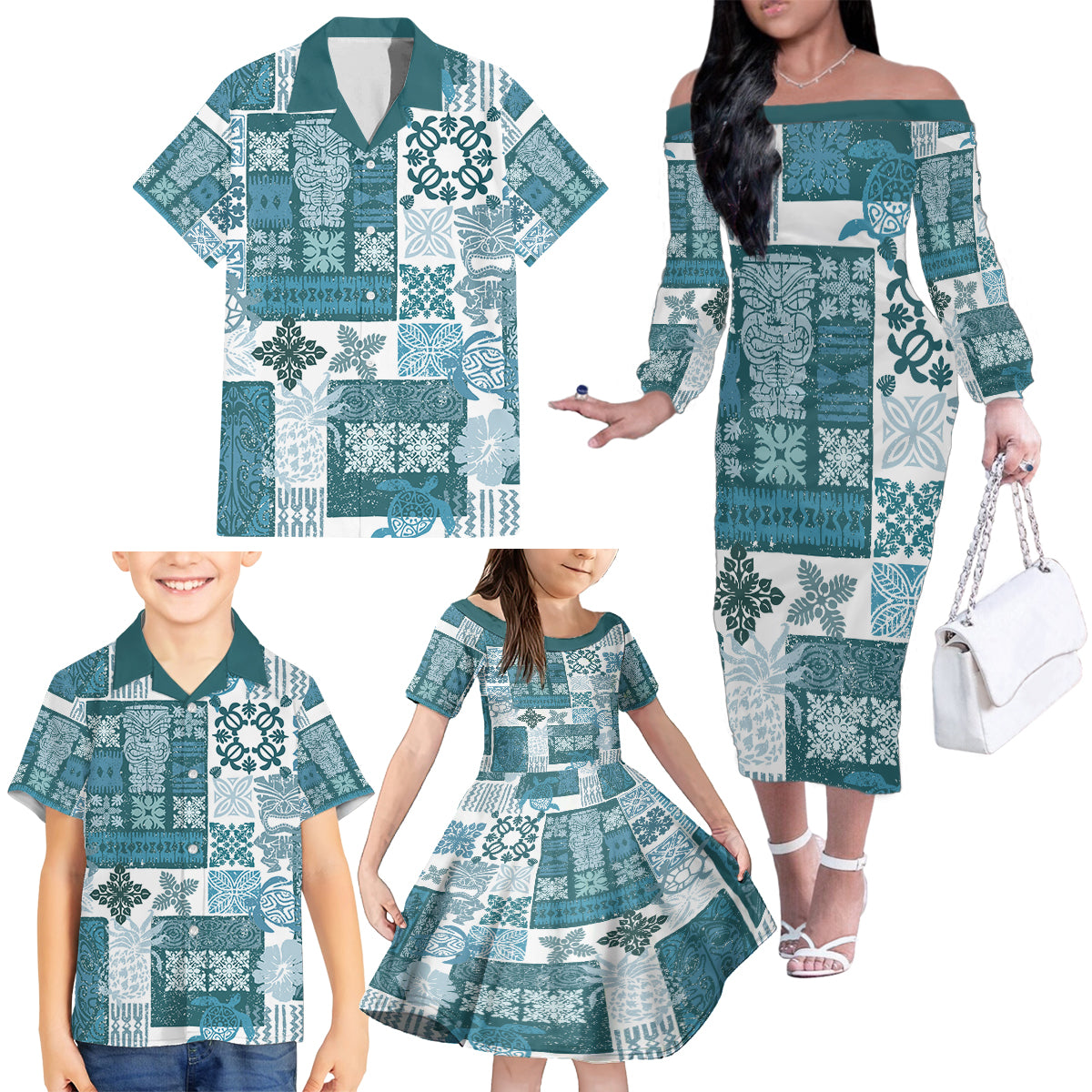 Hawaiian Quilt Family Matching Off Shoulder Long Sleeve Dress and Hawaiian Shirt Tiki Tropical Retro Dark Cyan Version - Wonder Print Shop