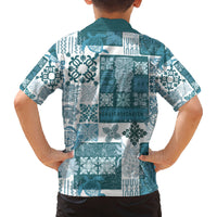 Hawaiian Quilt Family Matching Off Shoulder Maxi Dress and Hawaiian Shirt Tiki Tropical Retro Dark Cyan Version - Wonder Print Shop