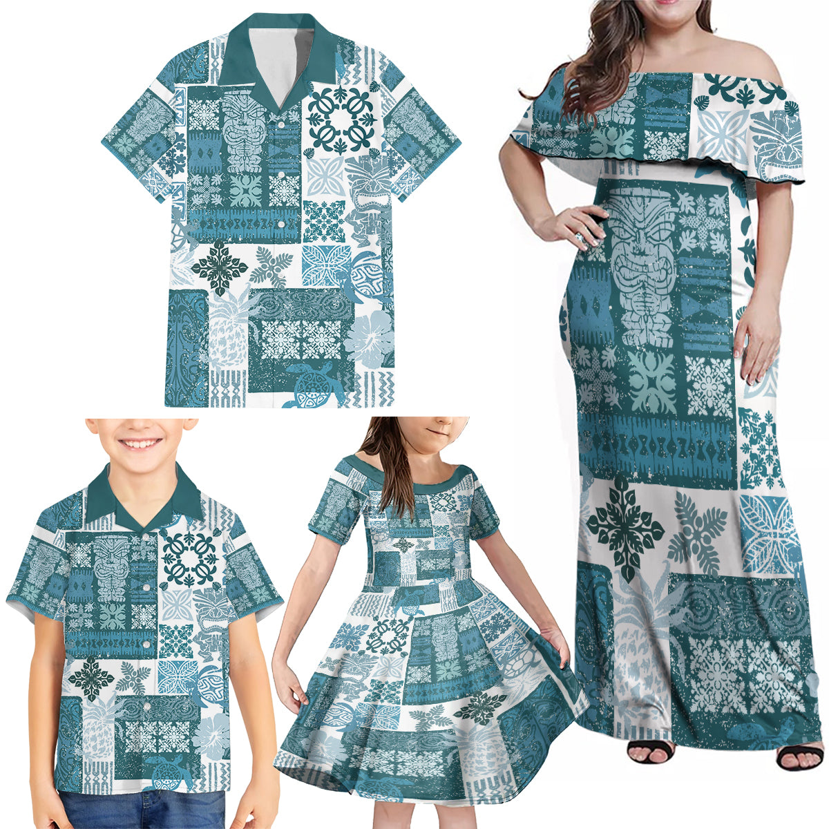 Hawaiian Quilt Family Matching Off Shoulder Maxi Dress and Hawaiian Shirt Tiki Tropical Retro Dark Cyan Version - Wonder Print Shop