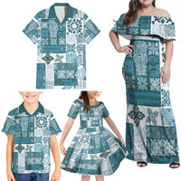 Hawaiian Quilt Family Matching Off Shoulder Maxi Dress and Hawaiian Shirt Tiki Tropical Retro Dark Cyan Version - Wonder Print Shop