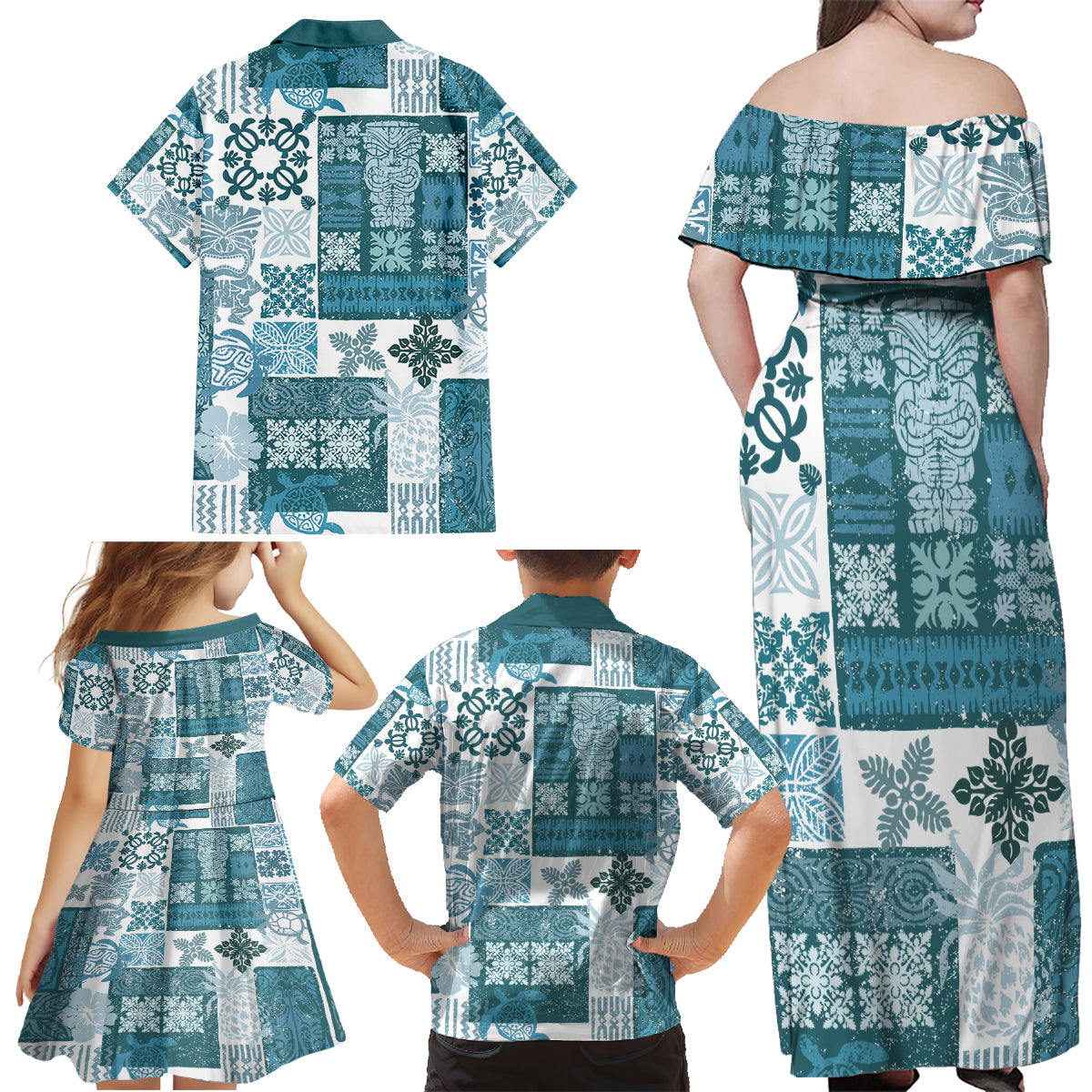 Hawaiian Quilt Family Matching Off Shoulder Maxi Dress and Hawaiian Shirt Tiki Tropical Retro Dark Cyan Version - Wonder Print Shop