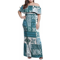 Hawaiian Quilt Family Matching Off Shoulder Maxi Dress and Hawaiian Shirt Tiki Tropical Retro Dark Cyan Version - Wonder Print Shop
