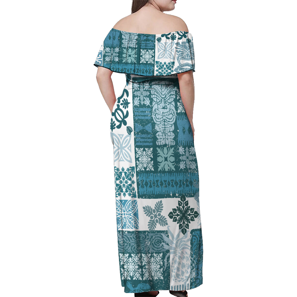 Hawaiian Quilt Family Matching Off Shoulder Maxi Dress and Hawaiian Shirt Tiki Tropical Retro Dark Cyan Version - Wonder Print Shop