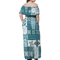 Hawaiian Quilt Family Matching Off Shoulder Maxi Dress and Hawaiian Shirt Tiki Tropical Retro Dark Cyan Version - Wonder Print Shop