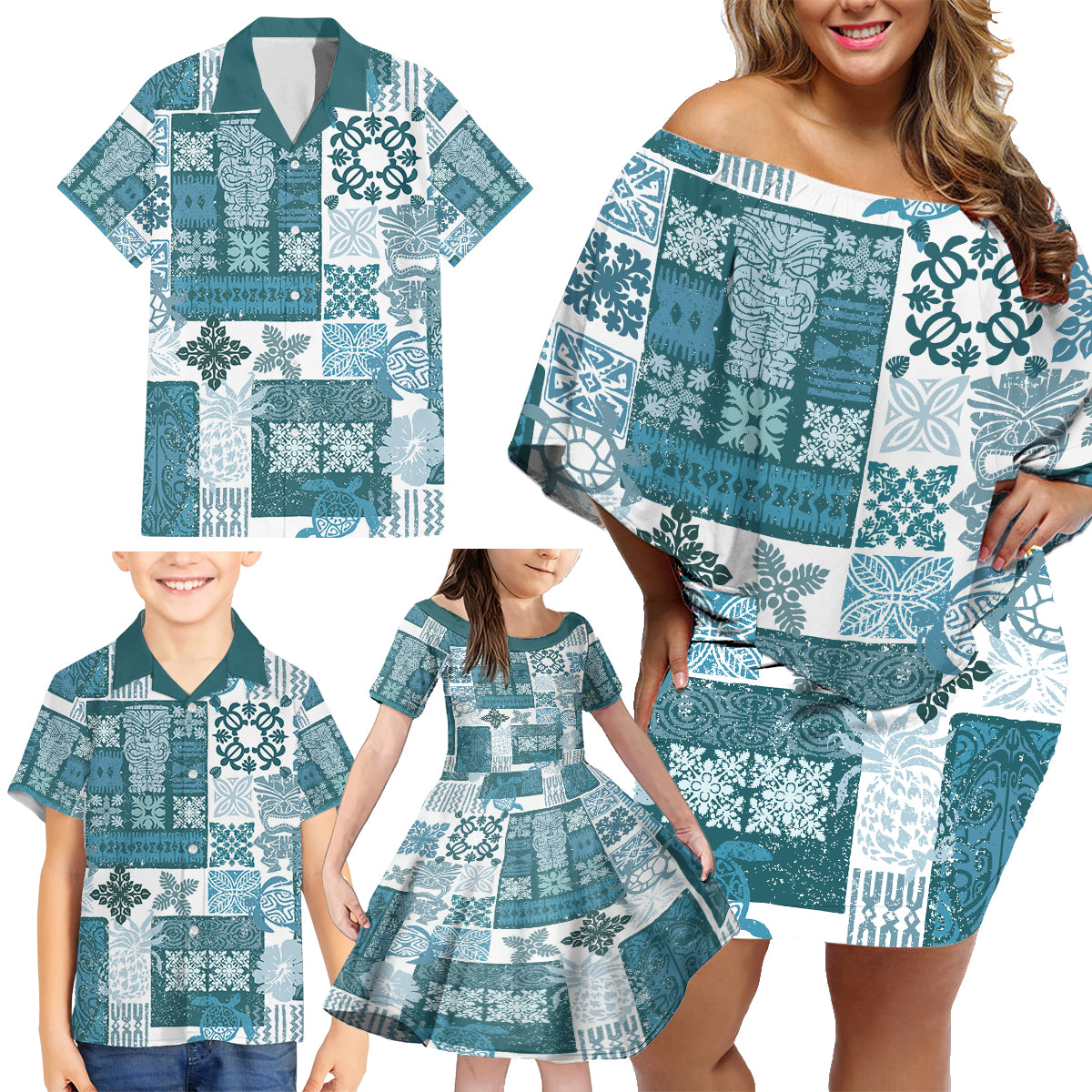 Hawaiian Quilt Family Matching Off Shoulder Short Dress and Hawaiian Shirt Tiki Tropical Retro Dark Cyan Version - Wonder Print Shop