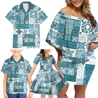 Hawaiian Quilt Family Matching Off Shoulder Short Dress and Hawaiian Shirt Tiki Tropical Retro Dark Cyan Version - Wonder Print Shop