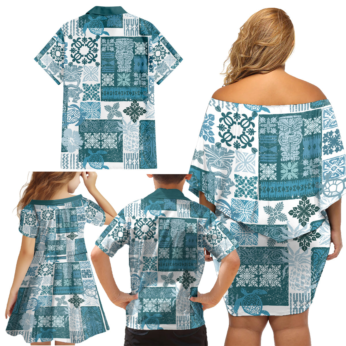 Hawaiian Quilt Family Matching Off Shoulder Short Dress and Hawaiian Shirt Tiki Tropical Retro Dark Cyan Version - Wonder Print Shop