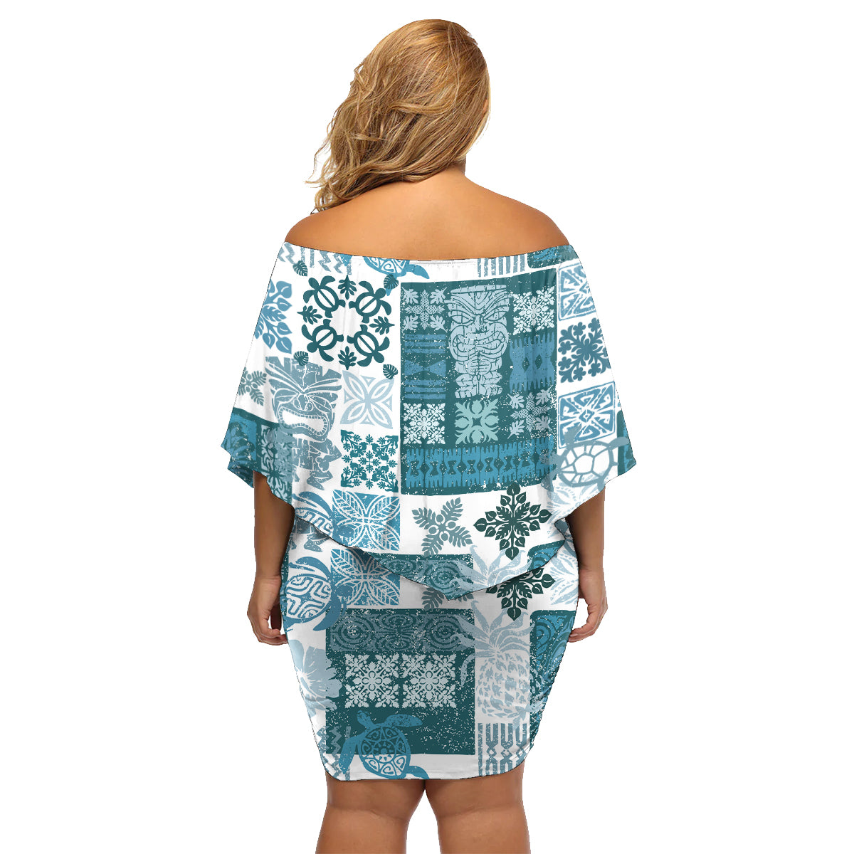 Hawaiian Quilt Family Matching Off Shoulder Short Dress and Hawaiian Shirt Tiki Tropical Retro Dark Cyan Version - Wonder Print Shop