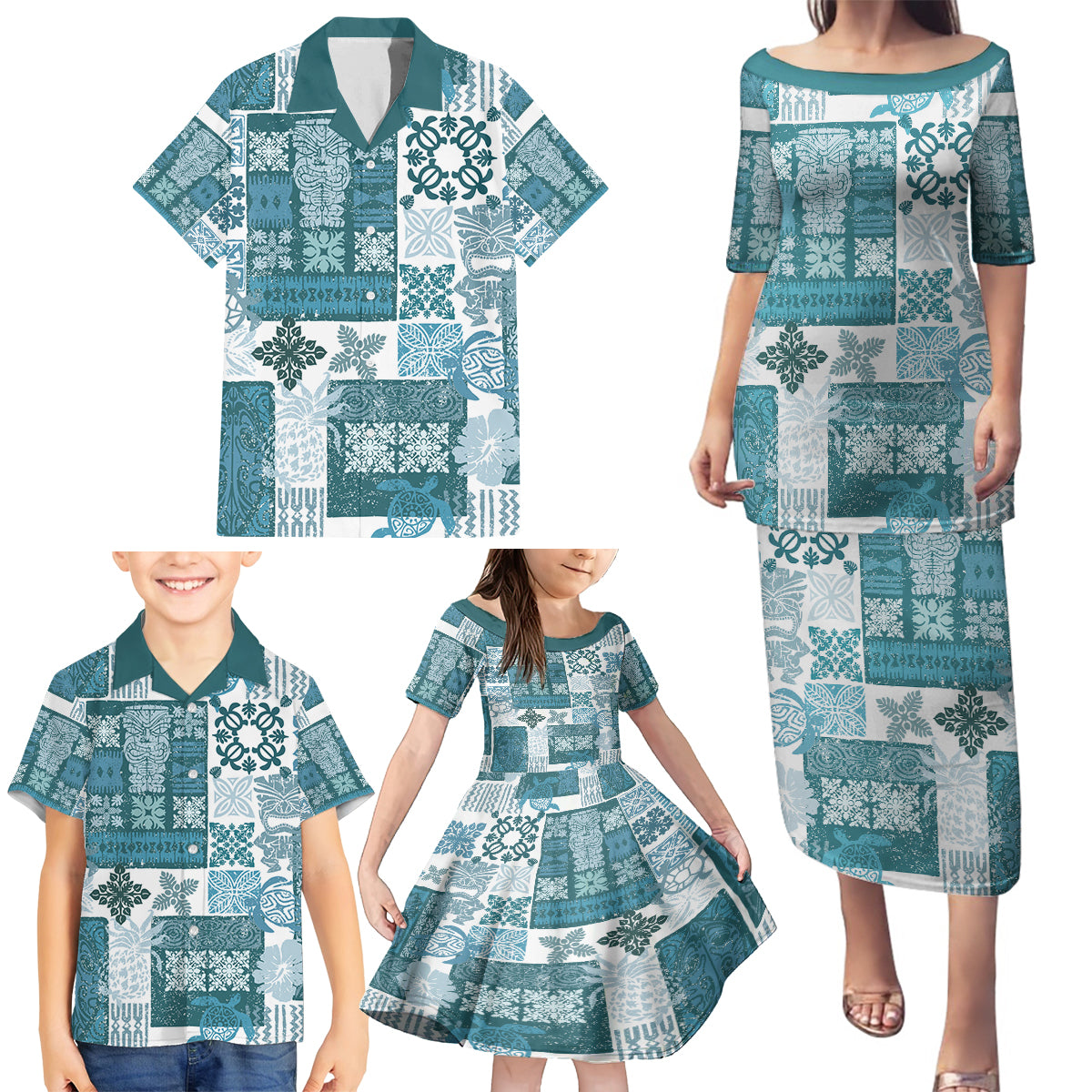 Hawaiian Quilt Family Matching Puletasi Dress and Hawaiian Shirt Tiki Tropical Retro Dark Cyan Version - Wonder Print Shop