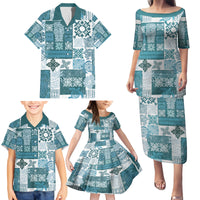Hawaiian Quilt Family Matching Puletasi Dress and Hawaiian Shirt Tiki Tropical Retro Dark Cyan Version - Wonder Print Shop