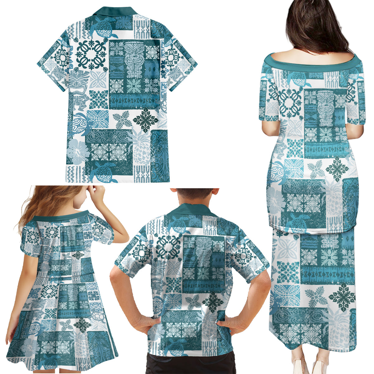 Hawaiian Quilt Family Matching Puletasi Dress and Hawaiian Shirt Tiki Tropical Retro Dark Cyan Version - Wonder Print Shop