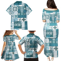 Hawaiian Quilt Family Matching Puletasi Dress and Hawaiian Shirt Tiki Tropical Retro Dark Cyan Version - Wonder Print Shop