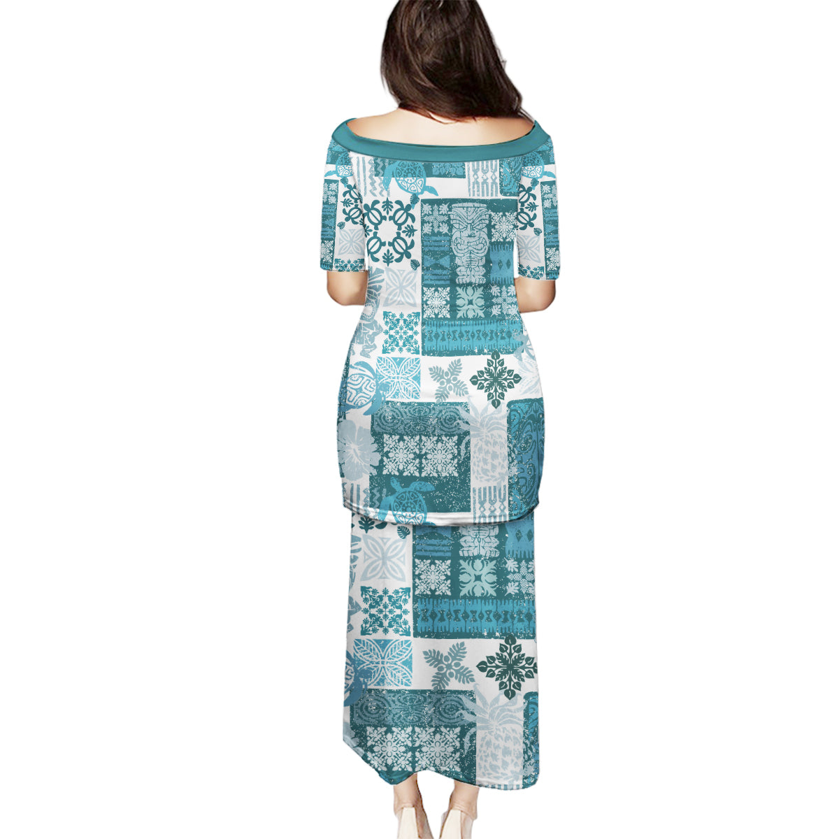 Hawaiian Quilt Family Matching Puletasi Dress and Hawaiian Shirt Tiki Tropical Retro Dark Cyan Version - Wonder Print Shop