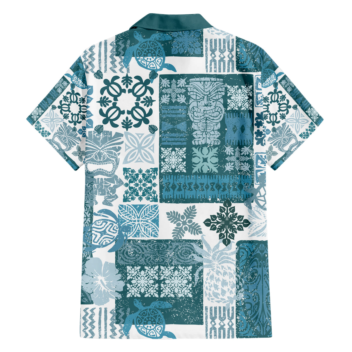 Hawaiian Quilt Family Matching Short Sleeve Bodycon Dress and Hawaiian Shirt Tiki Tropical Retro Dark Cyan Version - Wonder Print Shop