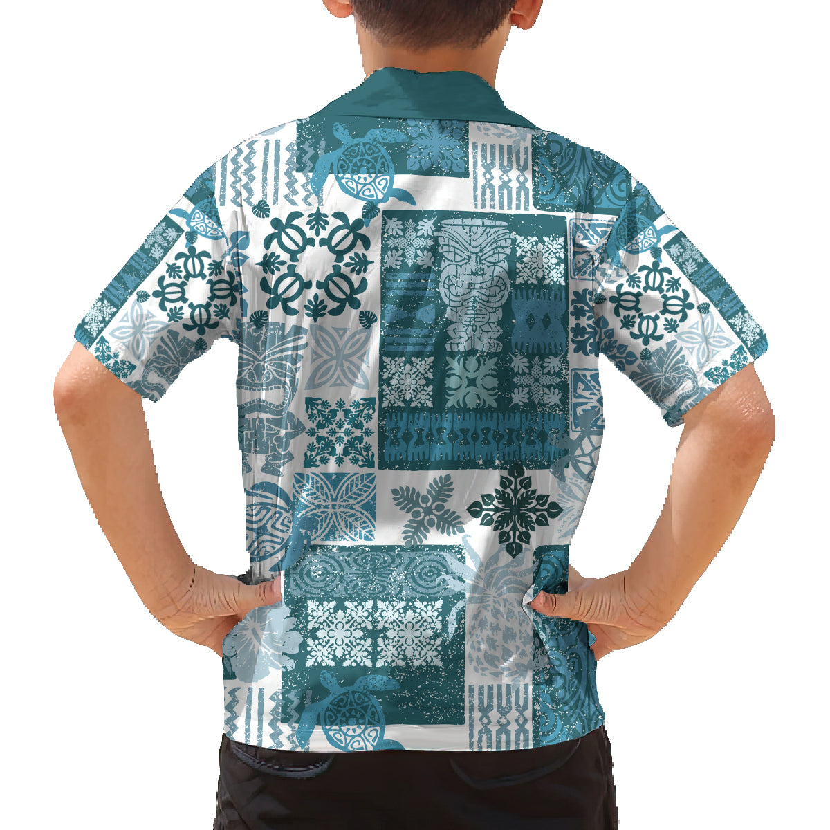 Hawaiian Quilt Family Matching Summer Maxi Dress and Hawaiian Shirt Tiki Tropical Retro Dark Cyan Version - Wonder Print Shop