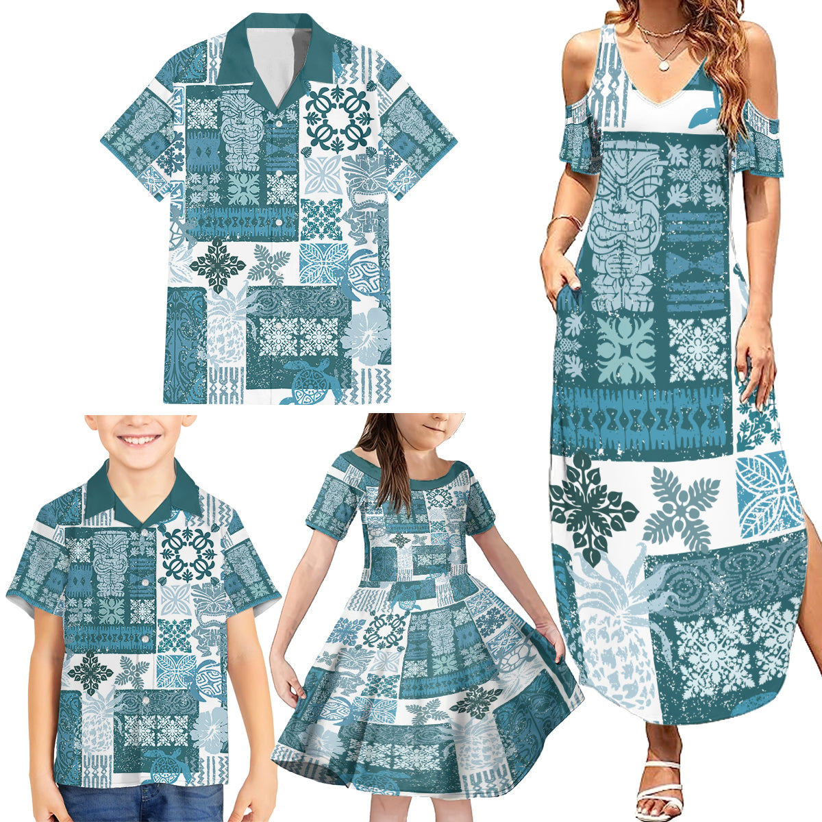 Hawaiian Quilt Family Matching Summer Maxi Dress and Hawaiian Shirt Tiki Tropical Retro Dark Cyan Version - Wonder Print Shop