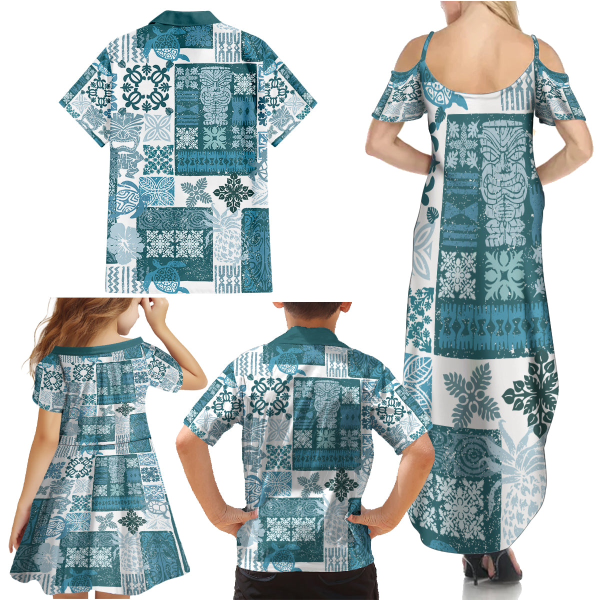 Hawaiian Quilt Family Matching Summer Maxi Dress and Hawaiian Shirt Tiki Tropical Retro Dark Cyan Version - Wonder Print Shop