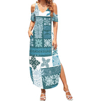 Hawaiian Quilt Family Matching Summer Maxi Dress and Hawaiian Shirt Tiki Tropical Retro Dark Cyan Version - Wonder Print Shop