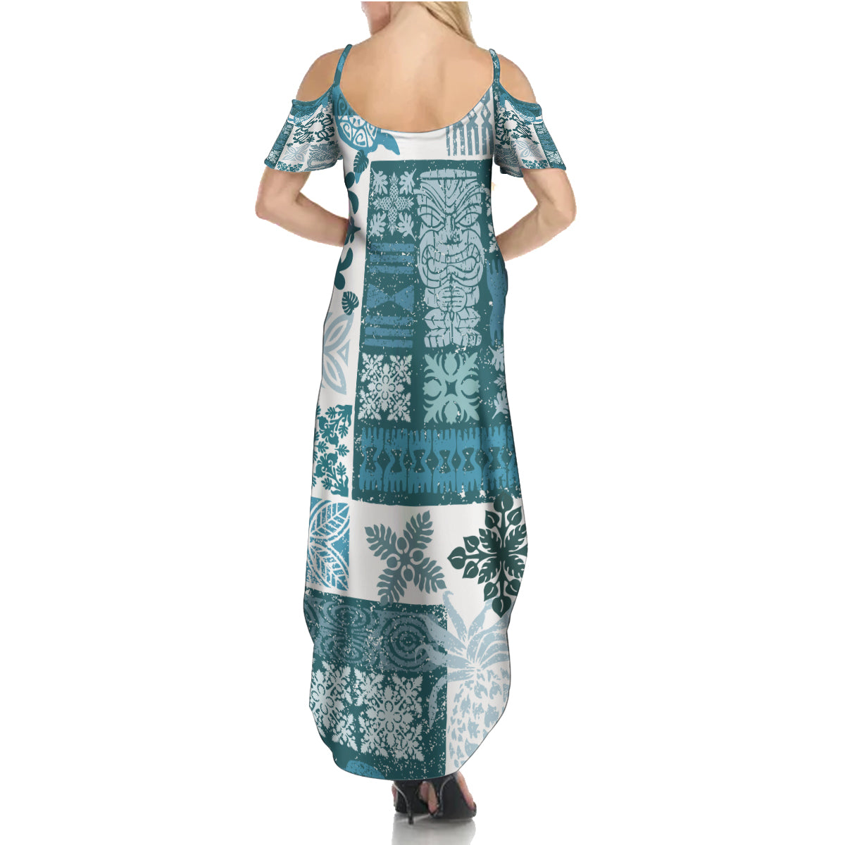 Hawaiian Quilt Family Matching Summer Maxi Dress and Hawaiian Shirt Tiki Tropical Retro Dark Cyan Version - Wonder Print Shop