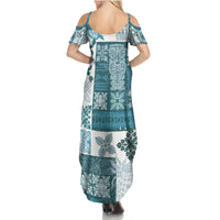 Hawaiian Quilt Family Matching Summer Maxi Dress and Hawaiian Shirt Tiki Tropical Retro Dark Cyan Version - Wonder Print Shop