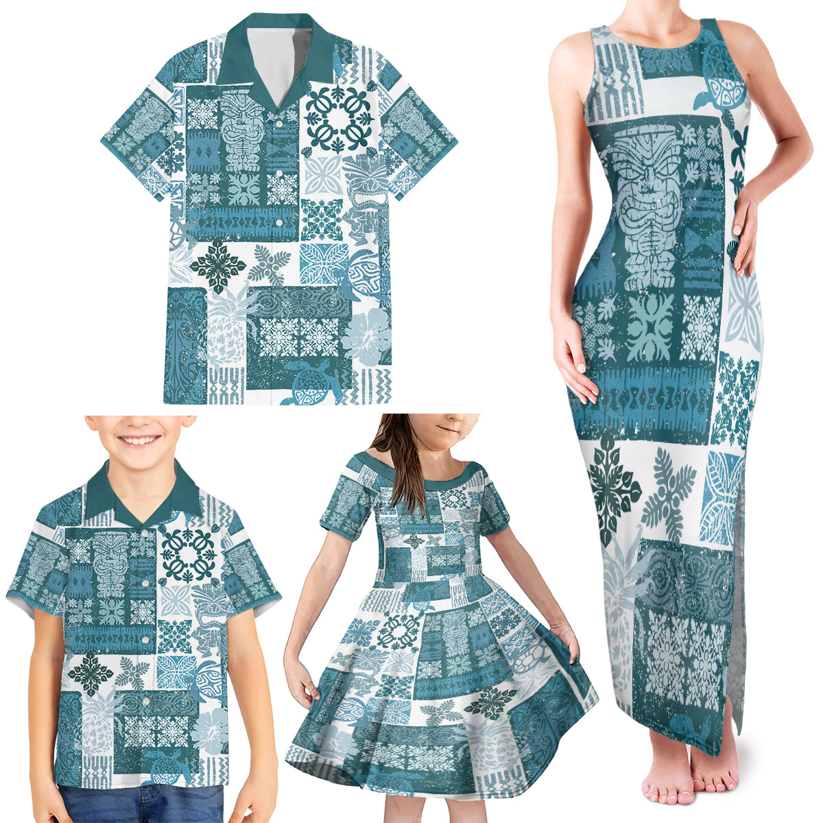 Hawaiian Quilt Family Matching Tank Maxi Dress and Hawaiian Shirt Tiki Tropical Retro Dark Cyan Version - Wonder Print Shop