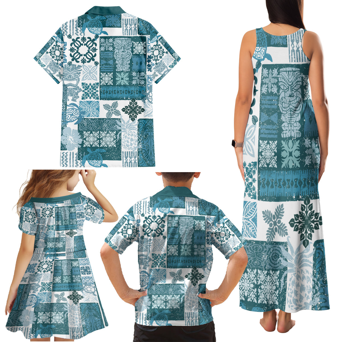 Hawaiian Quilt Family Matching Tank Maxi Dress and Hawaiian Shirt Tiki Tropical Retro Dark Cyan Version - Wonder Print Shop