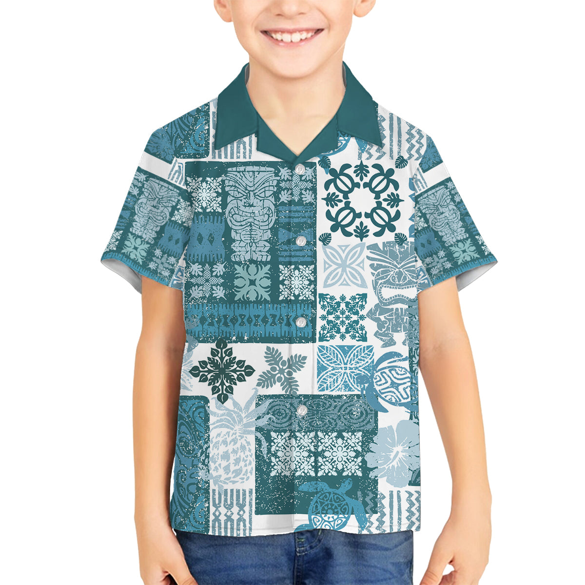 Hawaiian Quilt Family Matching Tank Maxi Dress and Hawaiian Shirt Tiki Tropical Retro Dark Cyan Version - Wonder Print Shop