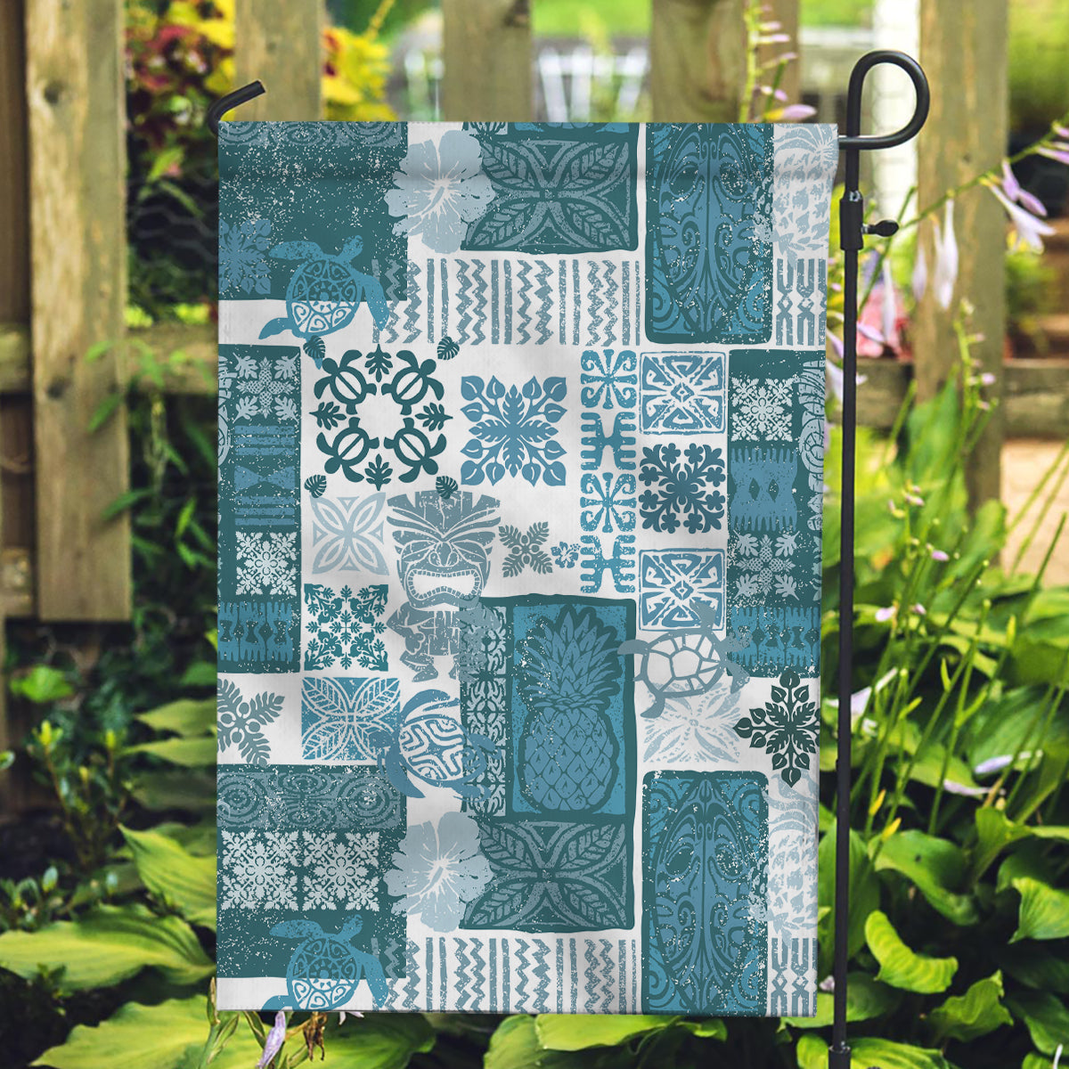 Hawaiian Quilt Garden Flag Tiki Tropical Retro Dark Cyan Version - Wonder Print Shop